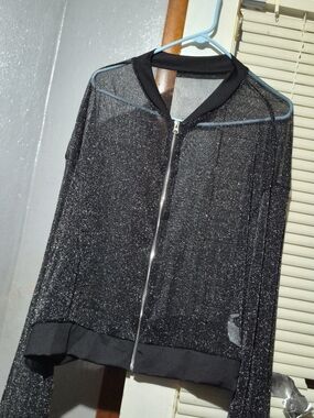 Black Sheer Metallic Zip Bomber Jacket